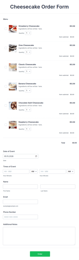 Cheesecake Order Form Template