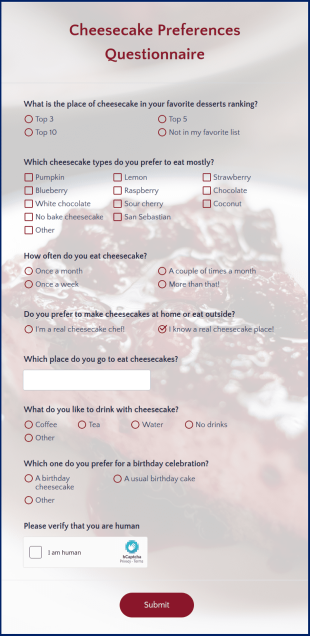 Cheesecake Preferences Questionnaire Form Template