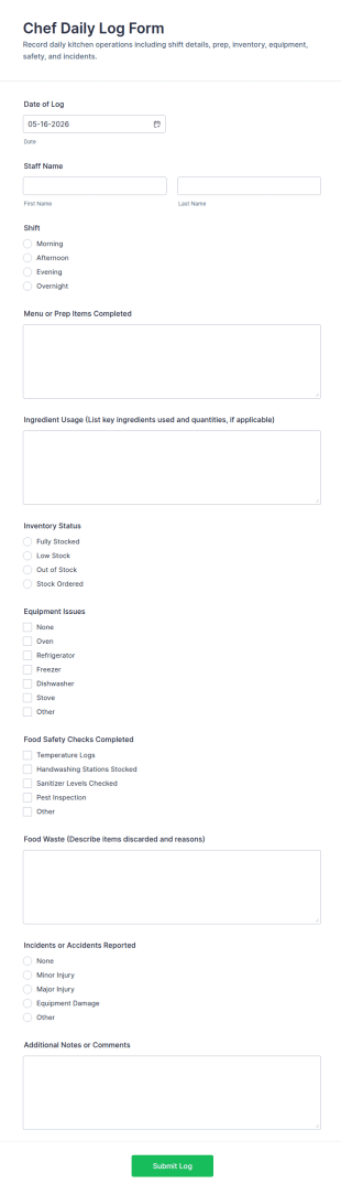 Chef Daily Log Form Template