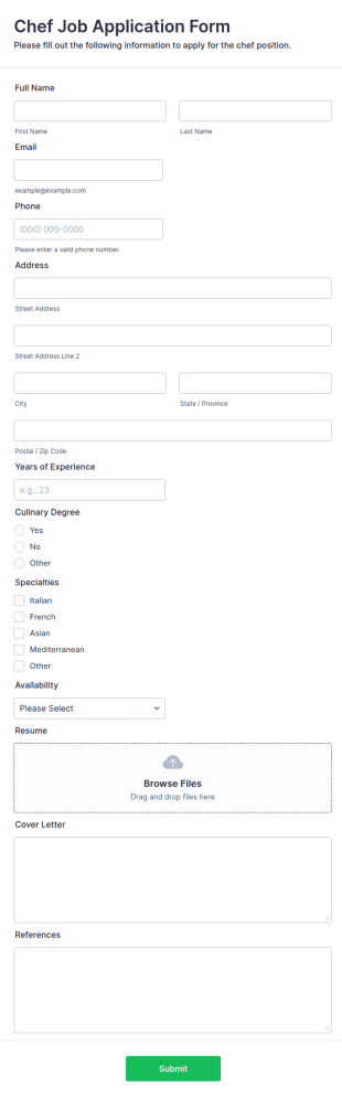 Chef Job Application Form Template