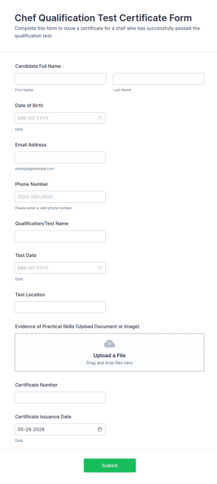 Chef Qualification Test Certificate Form Template
