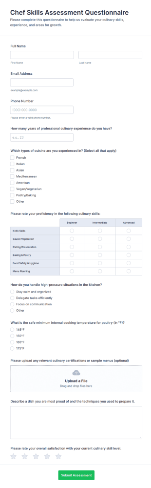 Chef Skills Assessment Questionnaire Form Template