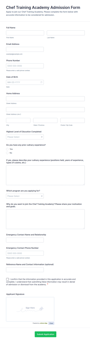 Chef Training Academy Admission Form Template