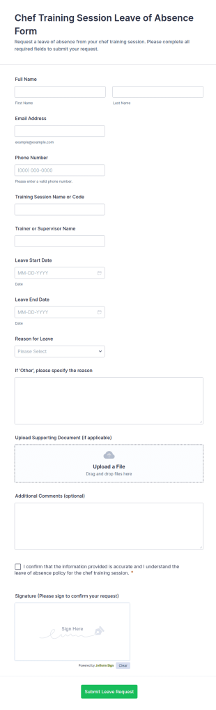 Chef Training Session Leave Of Absence Form Template