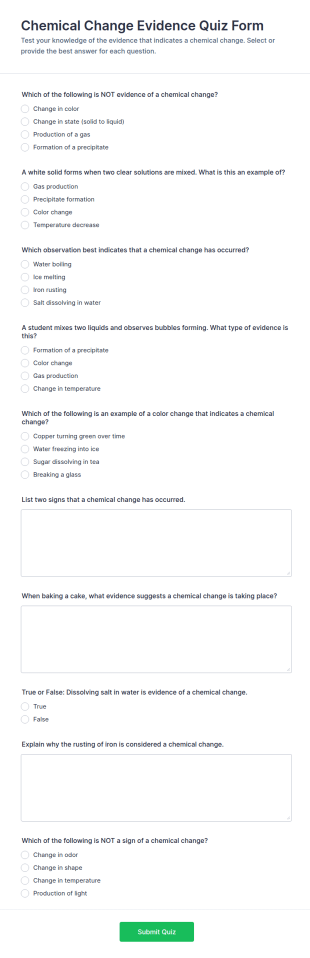 Chemical Change Evidence Quiz Form Template