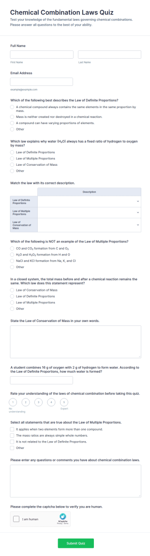 Chemical Combination Laws Quiz Form Template