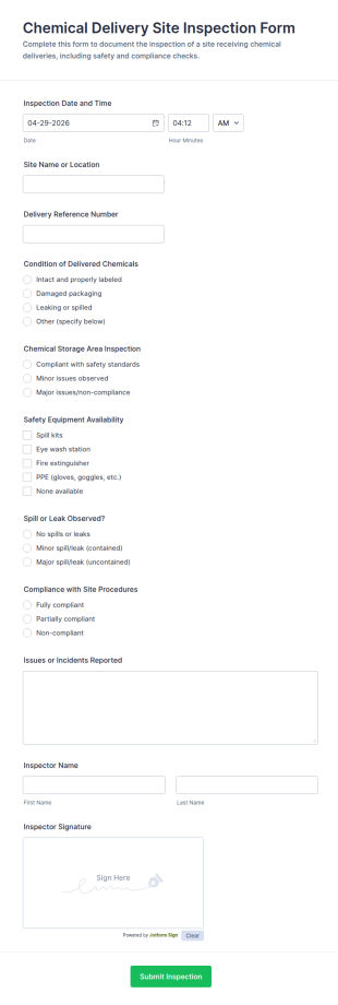 Chemical Delivery Site Inspection Form Template