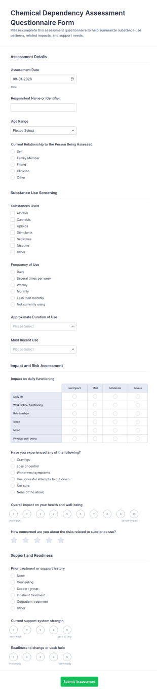Chemical Dependency Assessment Questionnaire Form Template