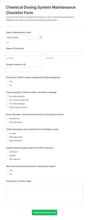 Chemical Dosing System Maintenance Checklist Form Template