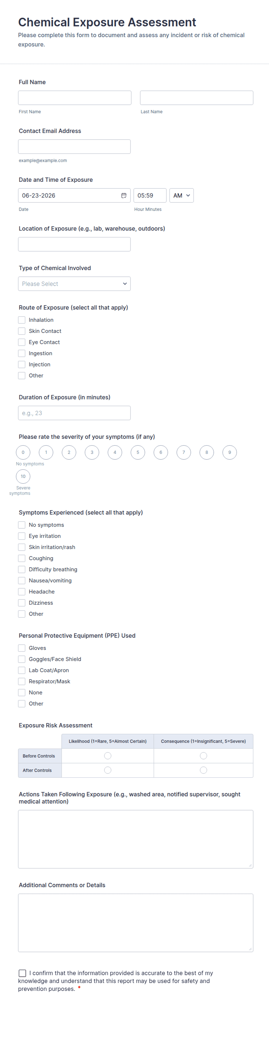Chemical Exposure Assessment Form Template | Jotform