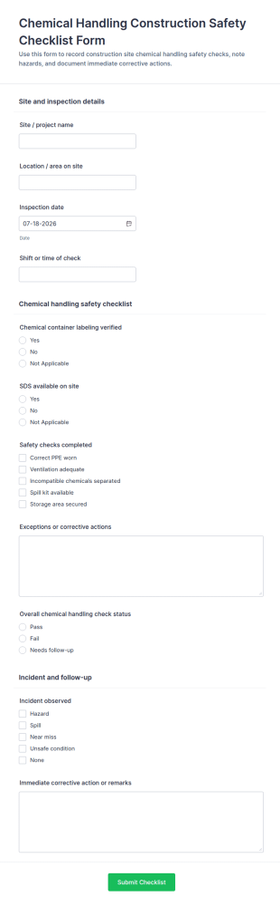 Chemical Handling Construction Safety Checklist Form Template
