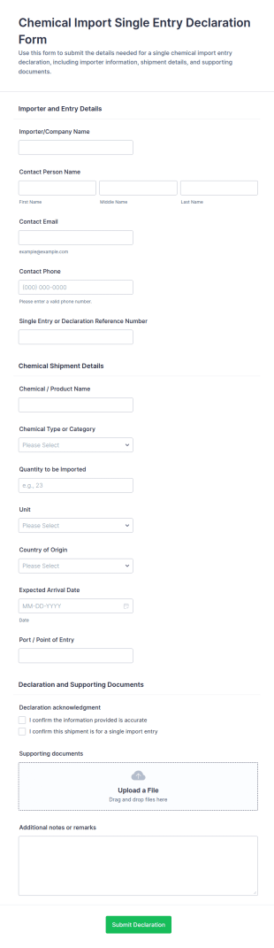 Chemical Import Single Entry Declaration Form Template