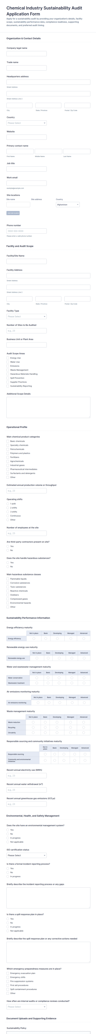 Chemical Industry Sustainability Audit Application Form Template