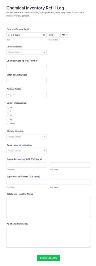 Chemical Inventory Refill Log Form Template