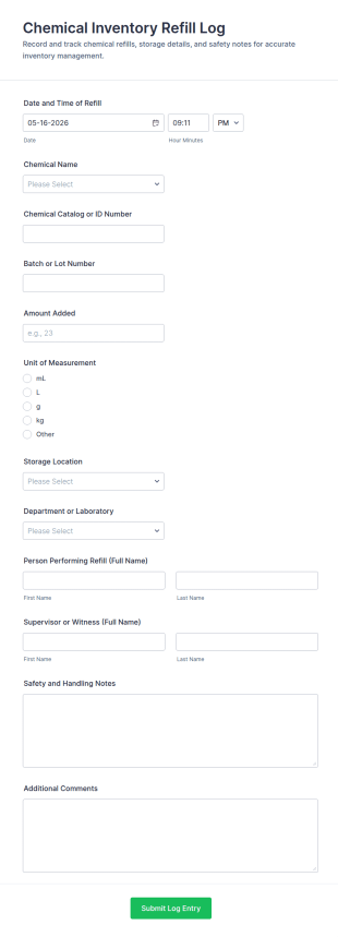 Chemical Inventory Refill Log Form Template