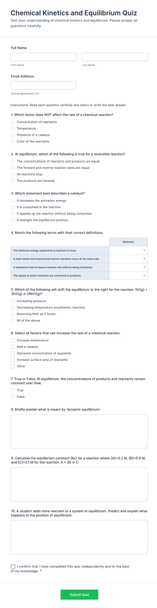 Chemical Kinetics And Equilibrium Quiz Form Template