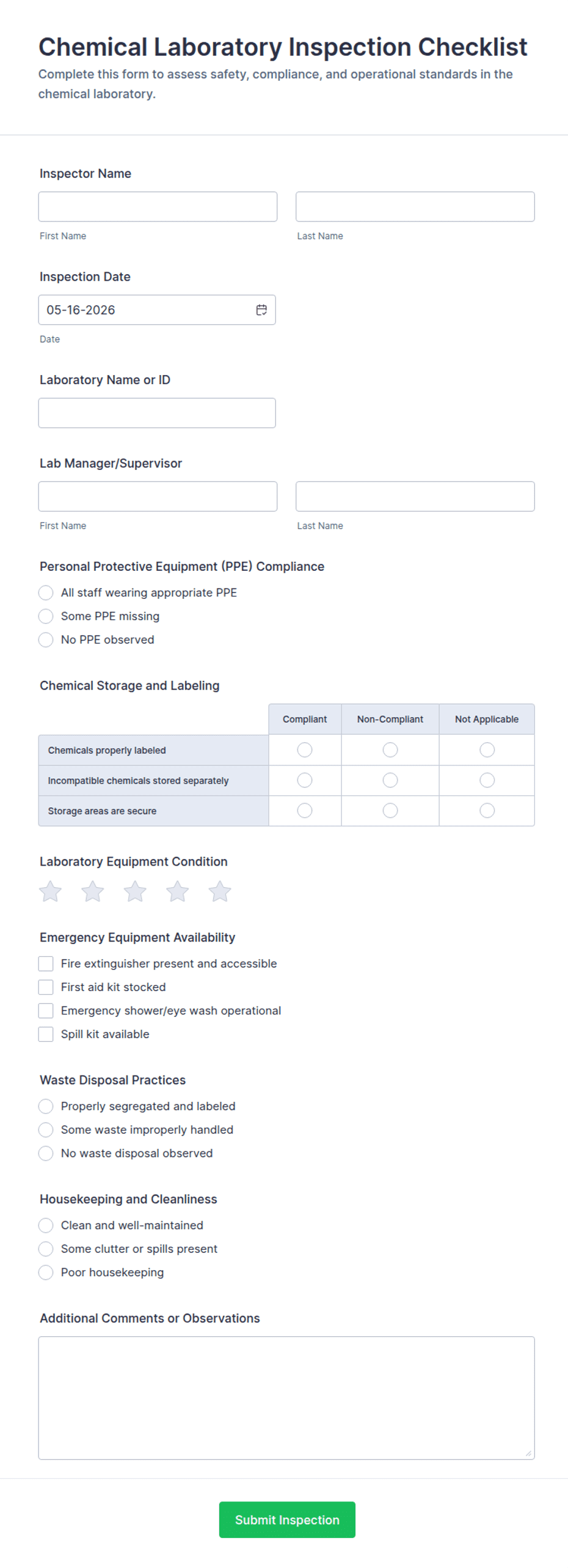 Chemical Laboratory Inspection Checklist Form Template | Jotform