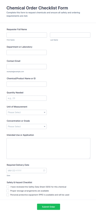 Chemical Order Checklist Form Template