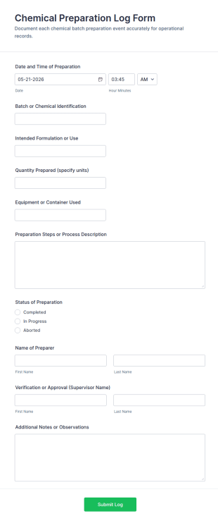 Chemical Preparation Log Form Template
