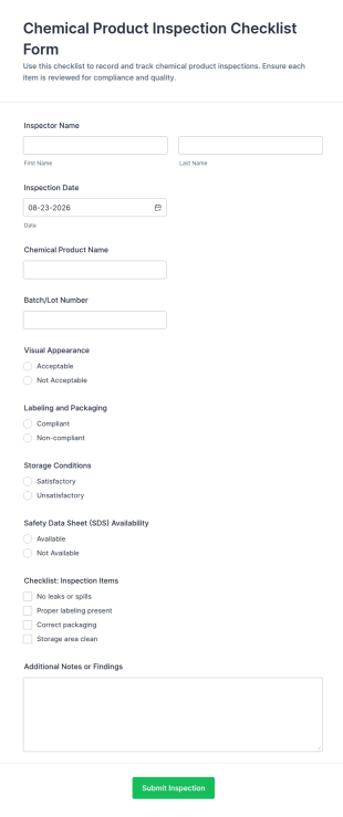 Chemical Product Inspection Checklist Form Template
