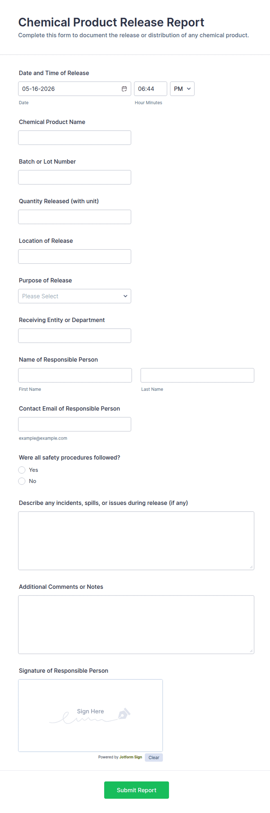 Chemical Product Release Report Form Template | Jotform