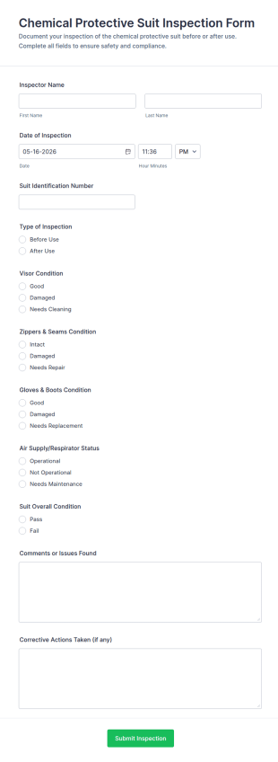 Chemical Protective Suit Inspection Form Template