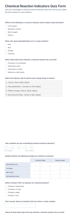 Chemical Reaction Indicators Quiz Form Template