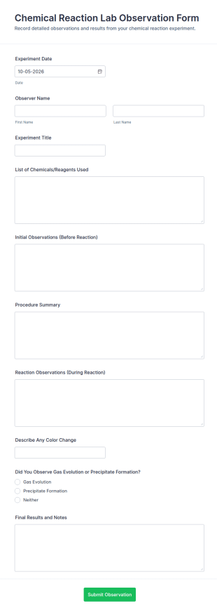 Chemical Reaction Lab Observation Form Template
