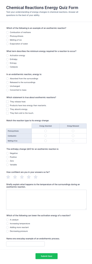 Chemical Reactions Energy Quiz Form Template