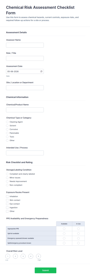 Chemical Risk Assessment Checklist Form Template