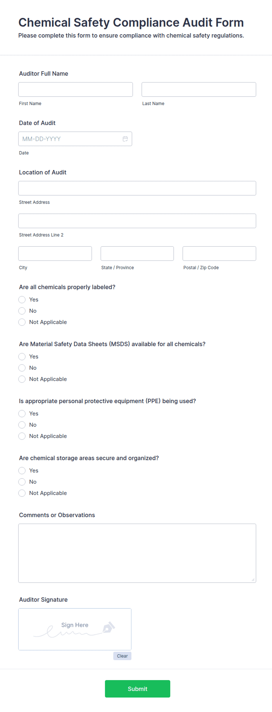 Chemical Safety Compliance Audit Form Template | Jotform