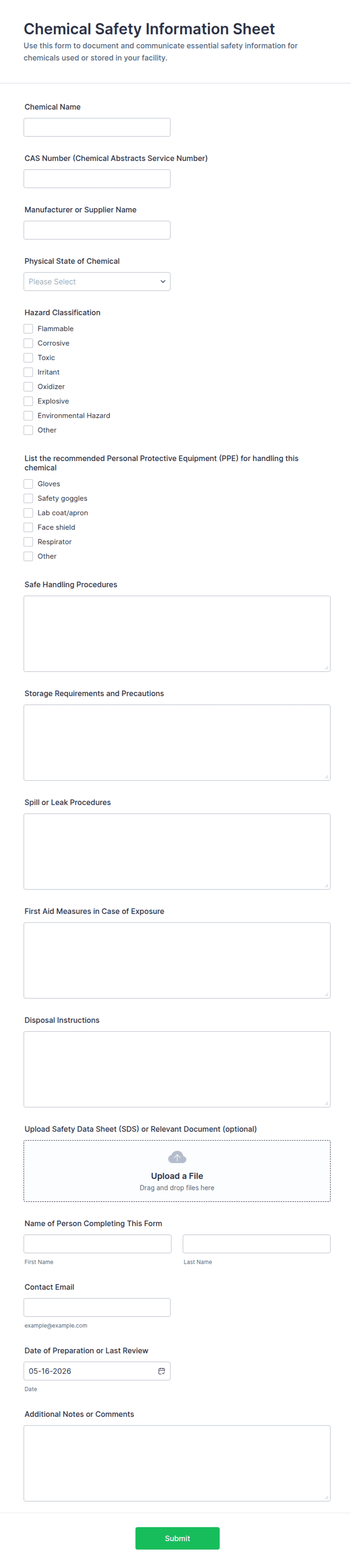 Chemical Safety Information Sheet Form Template | Jotform