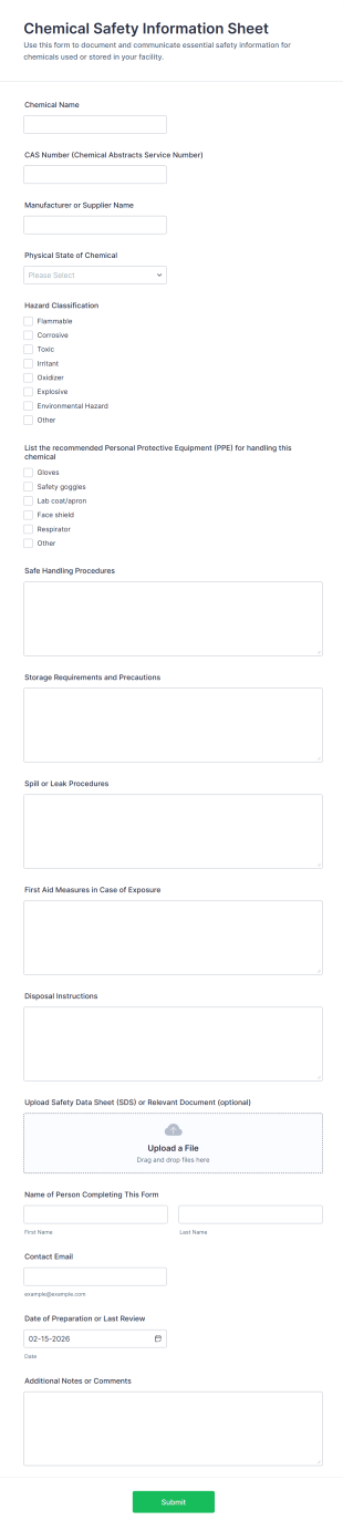 Chemical Safety Information Sheet Form Template