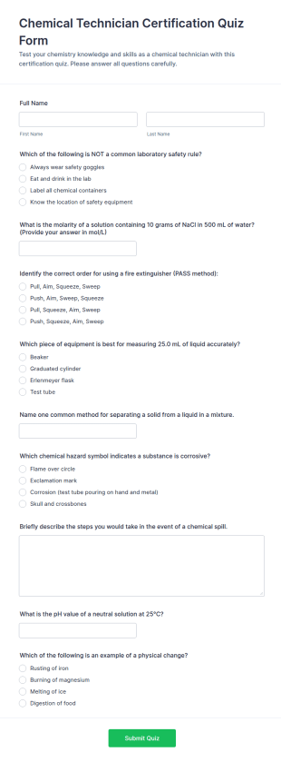 Chemical Technician Certification Quiz Form Template