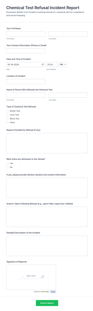 Chemical Test Refusal Incident Report Form Template