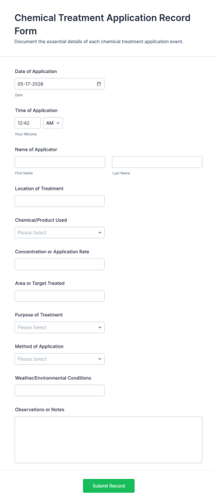 Chemical Treatment Application Record Form Template