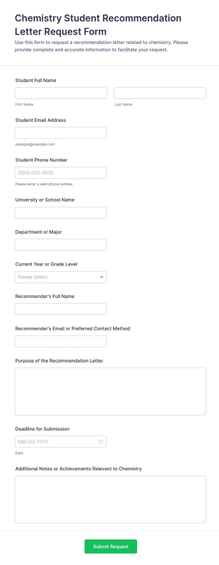 Chemistry Student Recommendation Letter Request Form Template
