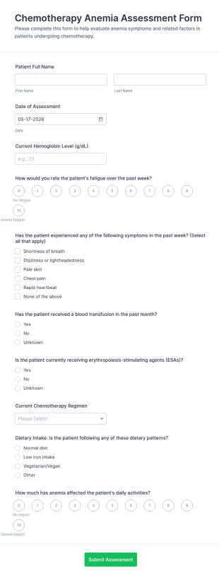 Chemotherapy Anemia Assessment Form Template