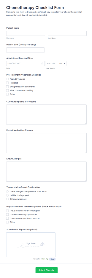 Chemotherapy Checklist Form Template