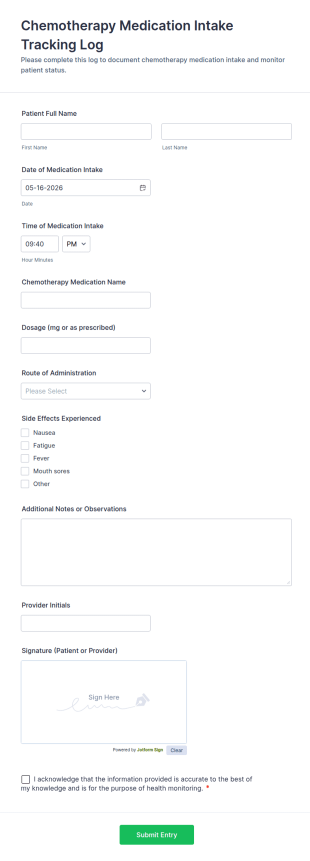 Chemotherapy Medication Intake Tracking Log Form Template