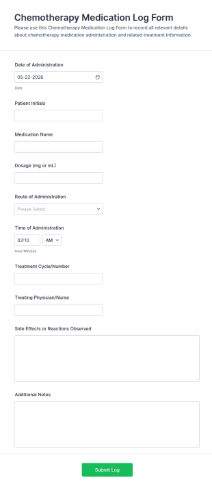 Chemotherapy Medication Log Form Template