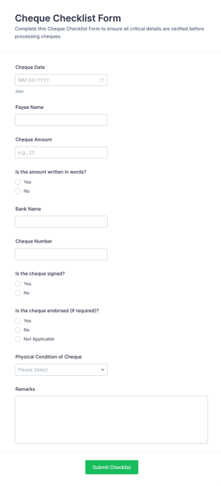 Cheque Checklist Form Template