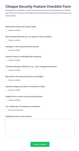 Cheque Security Feature Checklist Form Template