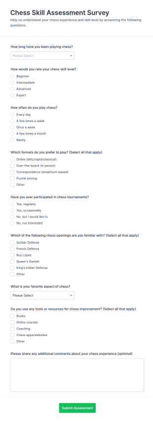 Chess Skill Assessment Survey Form Template