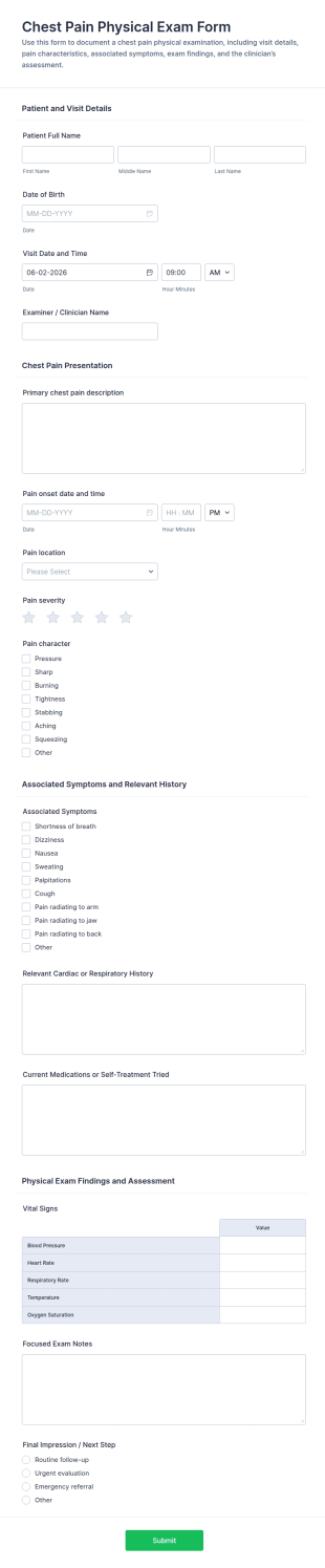 Chest Pain Physical Exam Form Template