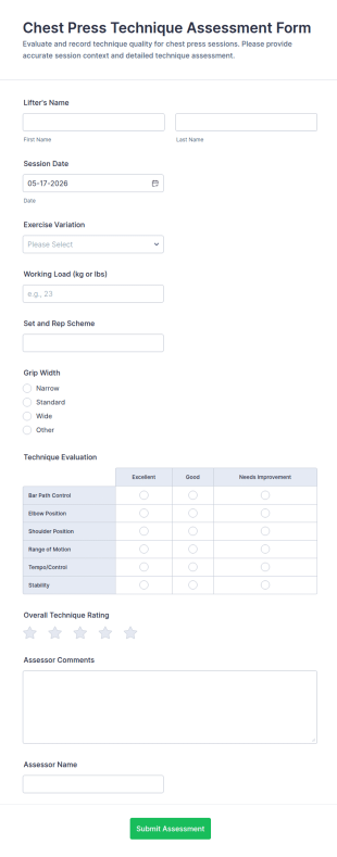 Chest Press Technique Assessment Form Template