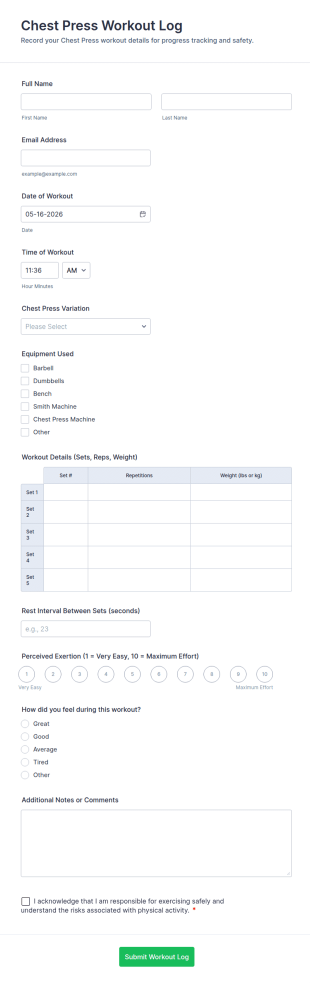 Chest Press Workout Log Form Template