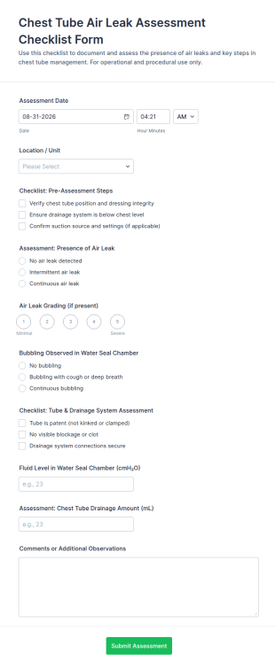 Chest Tube Air Leak Assessment Form Template