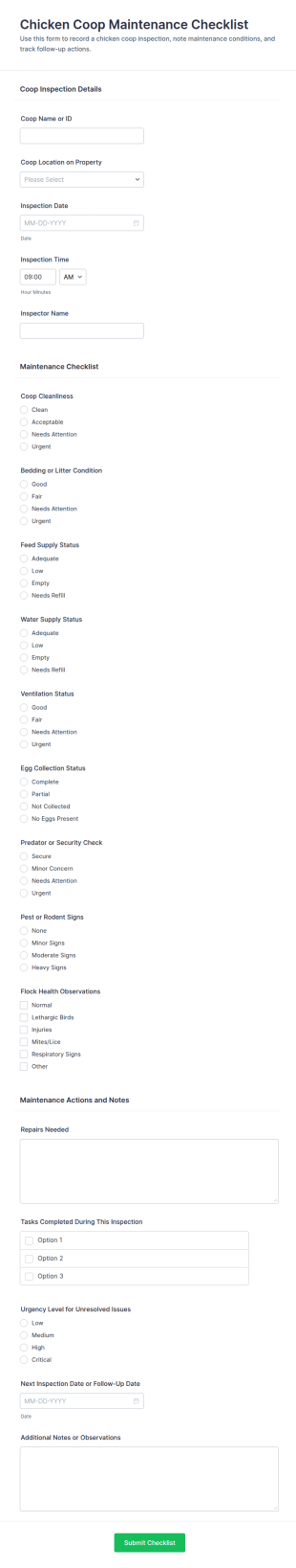 Chicken Coop Maintenance Checklist Form Template