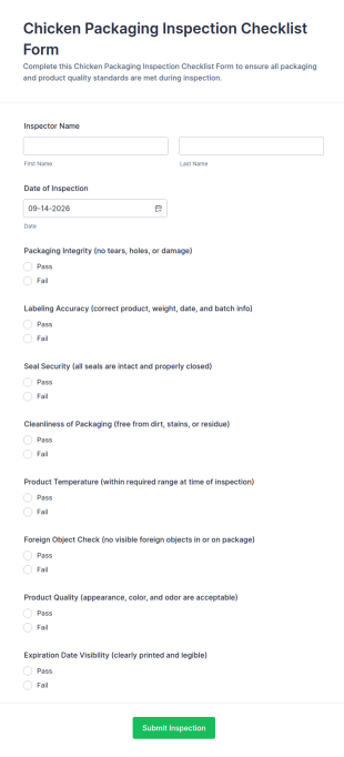 Chicken Packaging Inspection Checklist Form Template